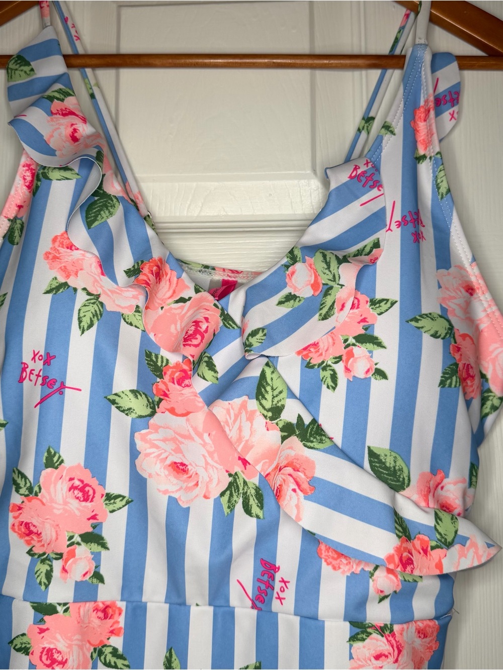 Betsey Johnson Blue White Stripped Pink Floral One Piece Swimsuit Women XL - Picture 2 of 6
